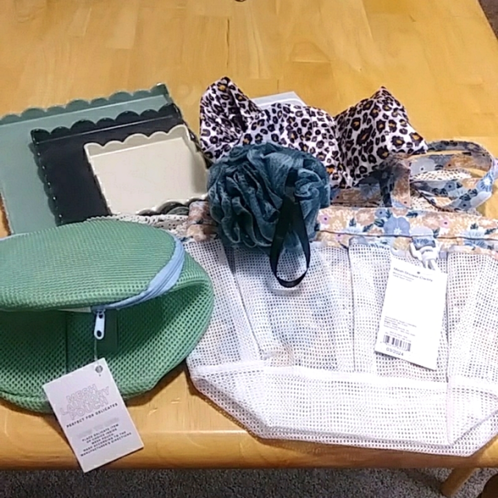 Bath And Body Bundle - Shower Caddy, Laundry Pouch, Shower Cap, Scrubber